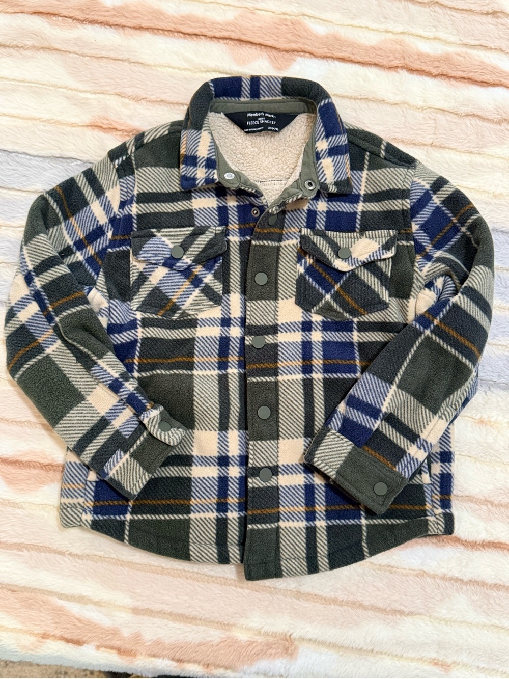 Member's Mark Fleece Shacket Plaid Green & Blue Boys XS (4/5)